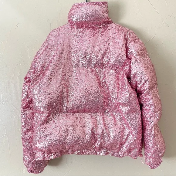 Pink sequin puffer jacket- size Small in women’s. Reversible foil pink - Picture 3 of 9